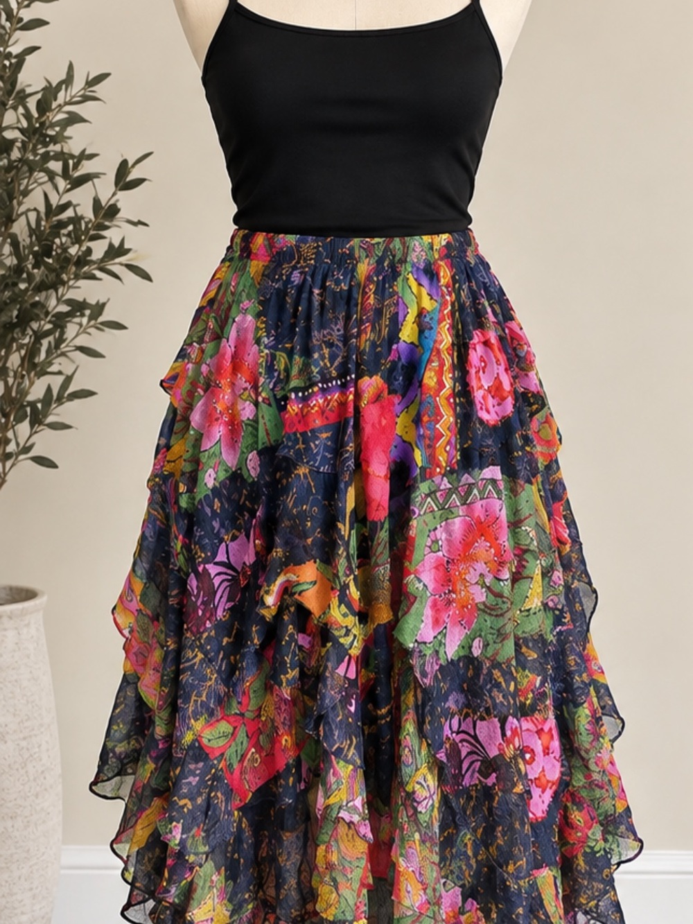 Vintage 90s 100% silk Floral Layered Midi Skirt - Black Multicolor